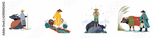 Photos Collection of four illustrations depicting traditional Asian farmers and their water buffaloes in the rainy season, featuring raincoats and conical hats