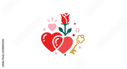 Red heart with rose and key.