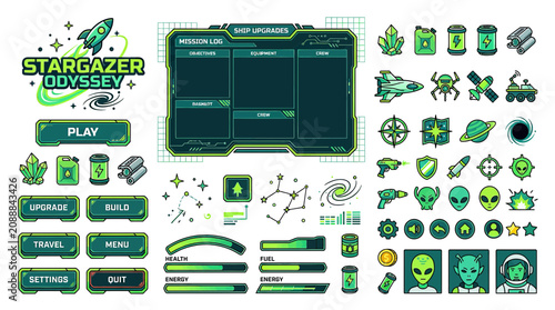 Fotografie Pixel Art Sci-Fi Game Interface and Assets: Stargazer Odyssey