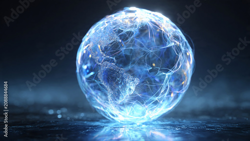 Luminous blue energy sphere with digital earth map, dark background, perfect for technology concepts, global networks and digital innovation promotion