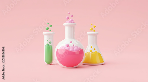 Three colorful beakers with bubbling liquids on a pink surface in a laboratory setting with science equipment.