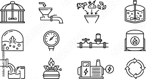 Quadro su tela Biogas Production Process Outline Icons Set - Renewable Energy, Anaerobic Digest