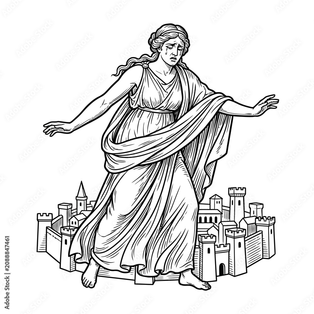 Fototapeta premium Divine goddess towering over medieval city walls drawing.