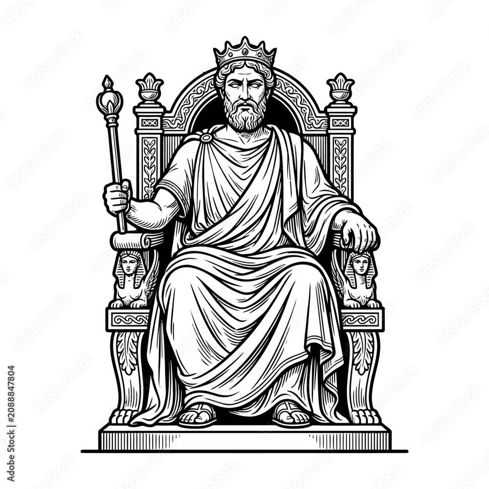 Fototapeta premium King sitting on ornate throne holding royal scepter