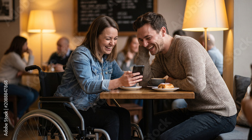 Wheelchair user and friend laughing at phone cafe