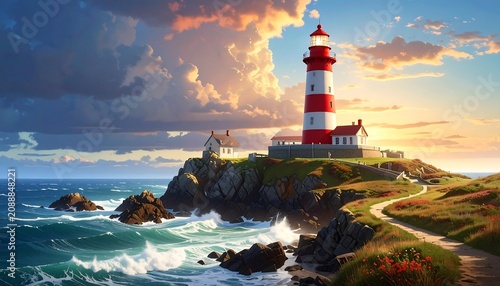 Coastal scene features a lighthouse perched on a cliff, a walkway, crashing waves, and a vibrant sky with cloud cover