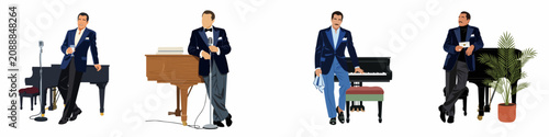 Photography Collection of flat vector illustrations of a sophisticated male jazz singer and pianist in formal attire with grand pianos and vintage microphones