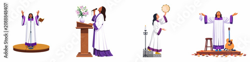 Canvastavla Illustrations of gospel singers in white and purple robes performing with microphones, tambourines, and guitars, representing faith and spiritual music in a church setting