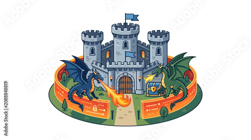 Fényképezés Two mythical dragons battling in front of a medieval castle with fire and smoke
