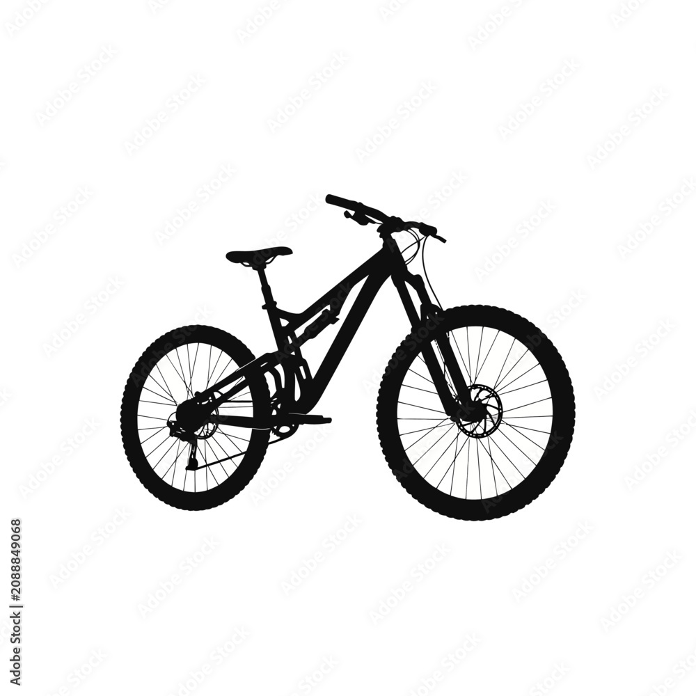 Obraz premium Black Silhouette Vector Illustration of a Modern Full Suspension Mountain Bicycle for Outdoor Adventure and Sports Activities