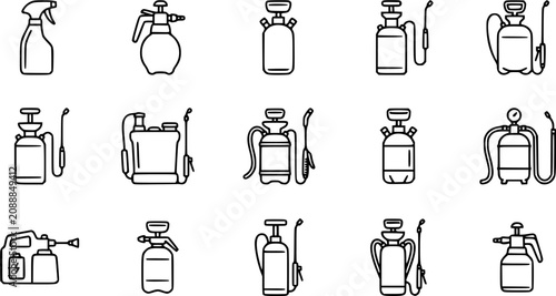 Tableau sur toile Black and White Line Art Icons of Various Garden Sprayers and Pressure Washers