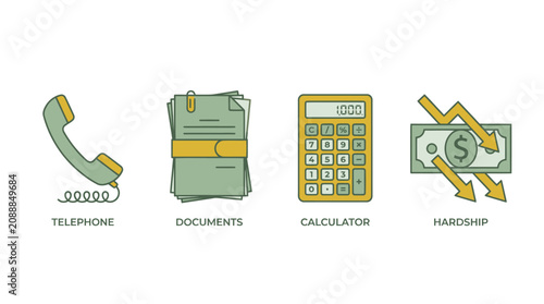 Minimalist business finance and economic hardship icon set.