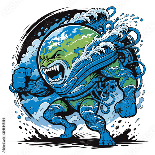 Φωτογραφία Angry Earth Monster with Water Waves and Stormy Expression.