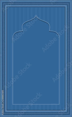 Islamic prayer mat template design with blue tone mosque arch silhouette frame, for commercial ramadan greeting flyer card and traditional vertical background banner decoration