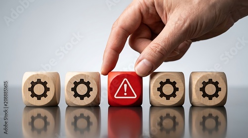 Hand Selecting Red Warning Block with Exclamation Mark Symbol Among Gear Process Wooden Cubes
