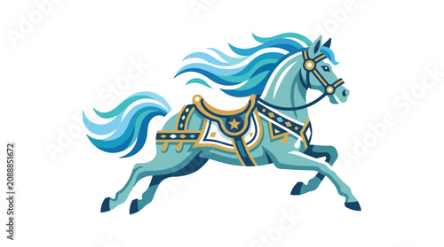 Foto Stylized blue carousel horse illustration with decorative saddle and flowing mane