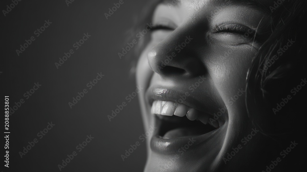 Fototapeta premium Close-up of a joyful woman laughing with her eyes closed black and white photograph capturing