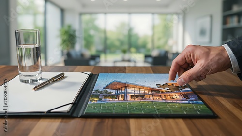 Hand placing puzzle piece of modern house in binder on wooden table with glass of water and pen