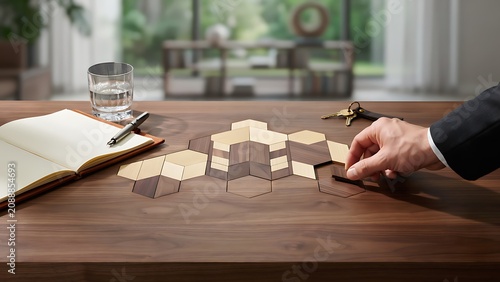 Businessman working on wooden puzzle pieces on a desk with notebook and glass of water in a modern office