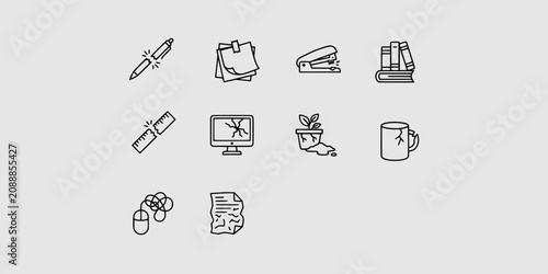 Canvastavla Icon set collection of broken office supplies and damaged work equipment representing frustration and workplace stress in line art