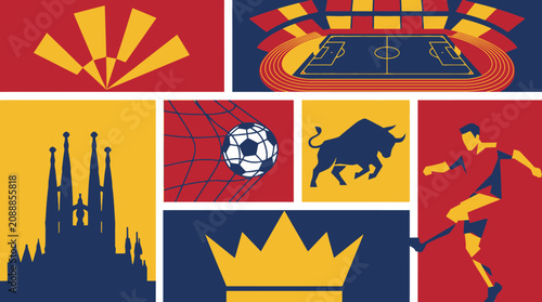 Fotografie A vibrant collage of Barcelona symbols and icons featuring a soccer player, bull, and cathedral in a dynamic urban setting with flags and crowns