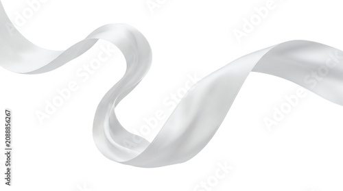 Elegant flowing white silk fabric ribbon isolated on white background.