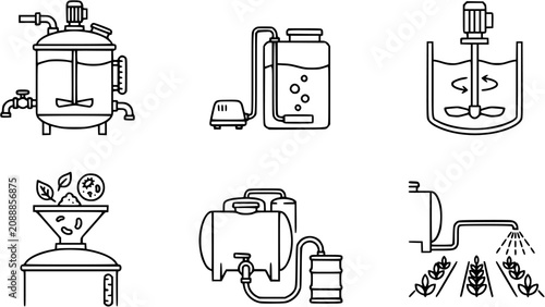 Fotografie Black and White Line Art Icons of Agricultural and Industrial Equipment, Farming