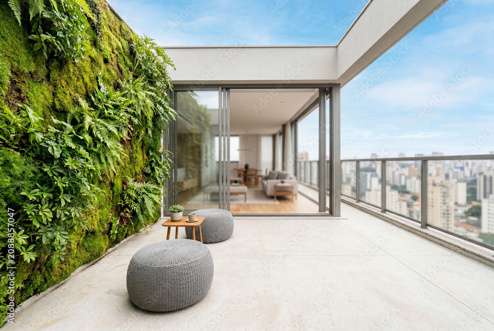 Fototapeta premium Modern penthouse terrace with lush vertical garden and city skyline view
