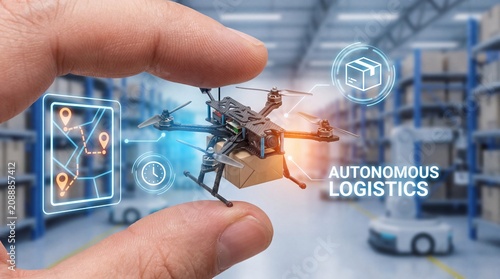 Obraz na płótnie Futuristic logistics concept showcasing a drone delivering a package, held by a person's finger, symbolizing autonomous delivery systems in a modern warehouse setting with robotic vehicles