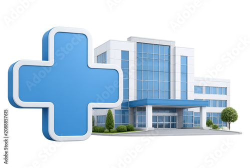 Modern hospital building with large blue medical cross icon 3d illustration.