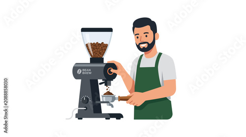 Barista grinding coffee beans flat vector illustration.