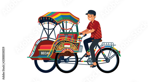 Man rides a colorful traditional Indonesian Becak bicycle rickshaw.