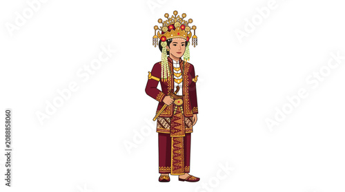 Schilderij op canvas Traditional Javanese ceremonial attire with kris illustration.