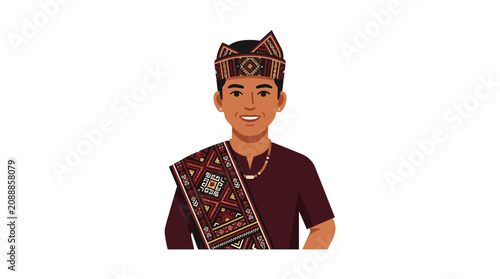 Canvastavla Smiling man in traditional cultural attire and headpiece