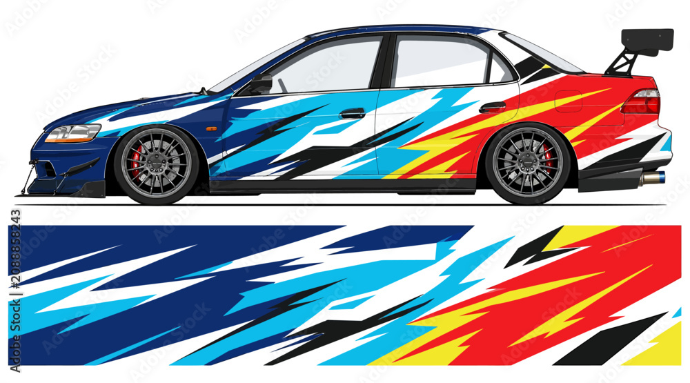 Naklejka premium Colorful racing car with dynamic flame decals design.