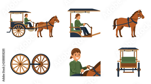 Obraz na plátně Vector illustration set of traditional horse-drawn carriage elements
