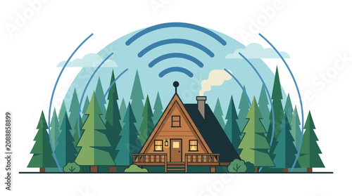 Quadro su tela Cozy wooden cabin in a forest with strong Wi-Fi signal reaching out