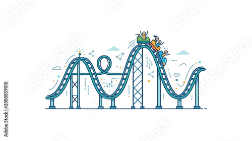 Foto Exciting roller coaster ride with people enjoying the thrill and speed on a sunny day at an amusement park