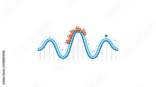 Tableau sur toile A thrilling roller coaster ride with an orange train going up and down on a blue track