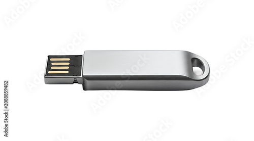 Silver metallic USB flash drive isolated on white background.