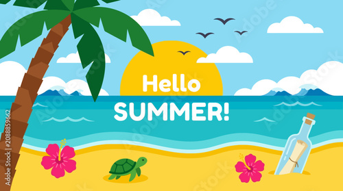 Bild auf Leinwand A serene beach scene with a palm tree, turtle, and bottle on sandy shores by calm ocean waters under a sunny summer sky with clouds and birds flying overhead