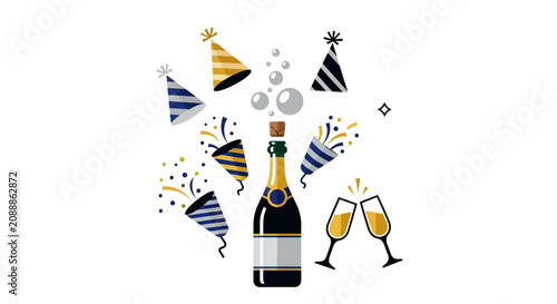 Fotografie Champagne Bottle and Party Glasses.