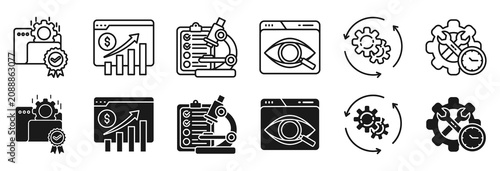 Data analysis icon set. Processing and optimization symbol