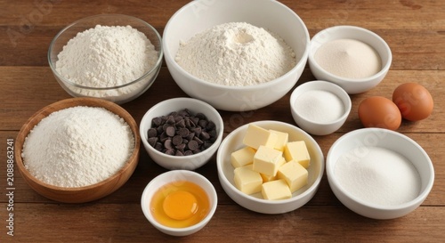Assortment of baking ingredients flour, sugar, chocolate chips, butter, & eggs on wood