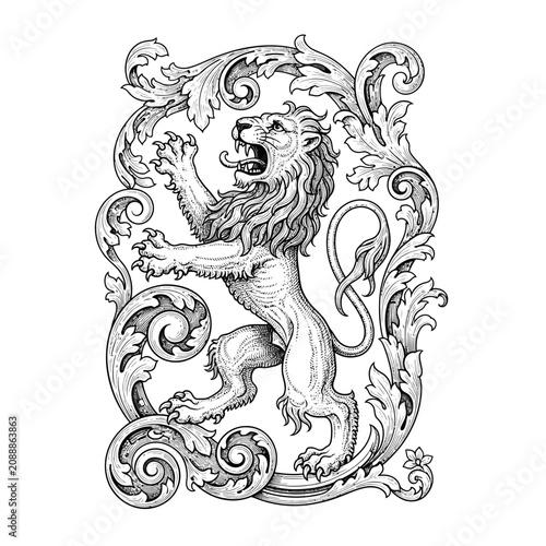 Ornate vintage lion illustration with intricate floral patterns and decorative scrollwork.