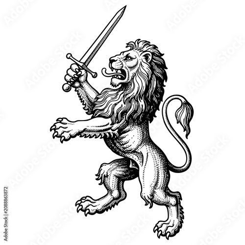 Illustration of a lion rampant holding a sword in black and white.