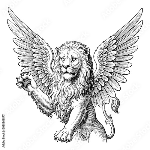 Majestic Winged Lion Mythical Creature Illustration.