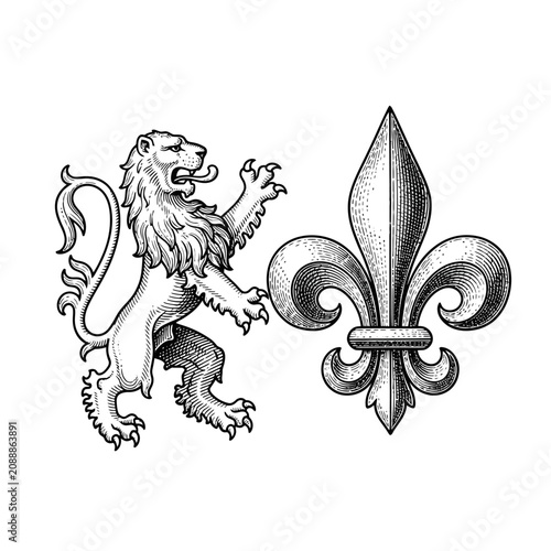 Vintage heraldic lion and fleur-de-lis illustration in black and white.