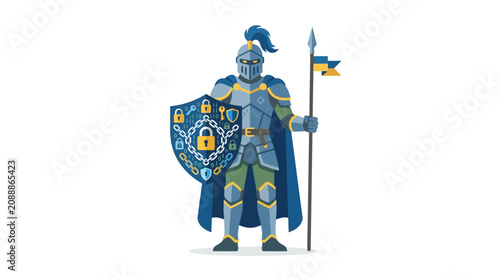 Foto Knight in armor holding a shield with security icons and a spear, representing digital protection and cybersecurity
