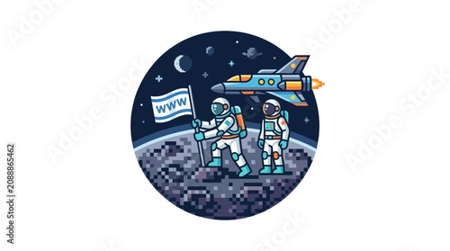 Foto Astronauts planting a WWW flag on the moon with a spaceship in the background, symbolizing space exploration and internet connectivity